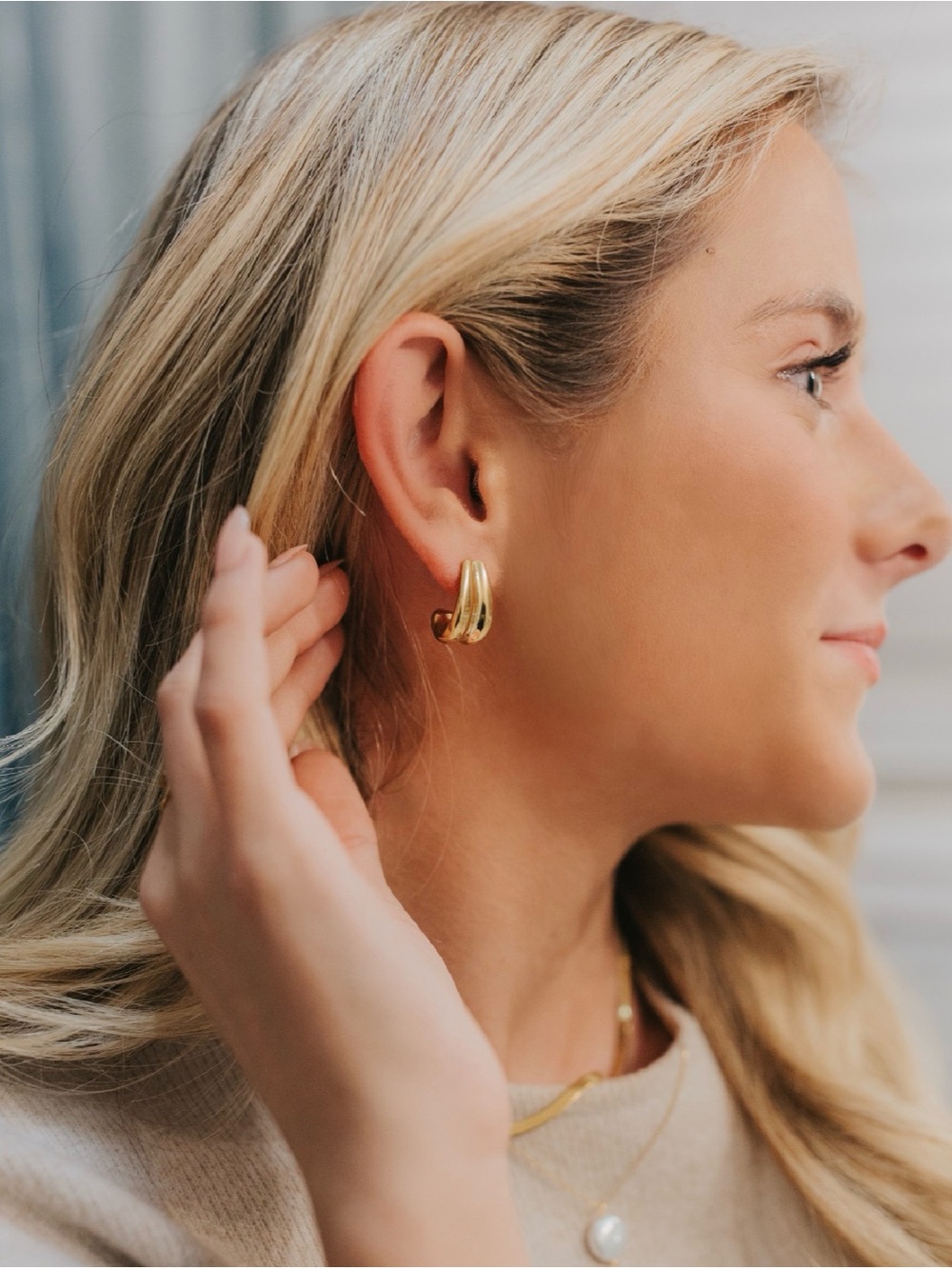 Non tarnish waterproof Polished Gold Sculpted Mini Hoop Stud Earrings
